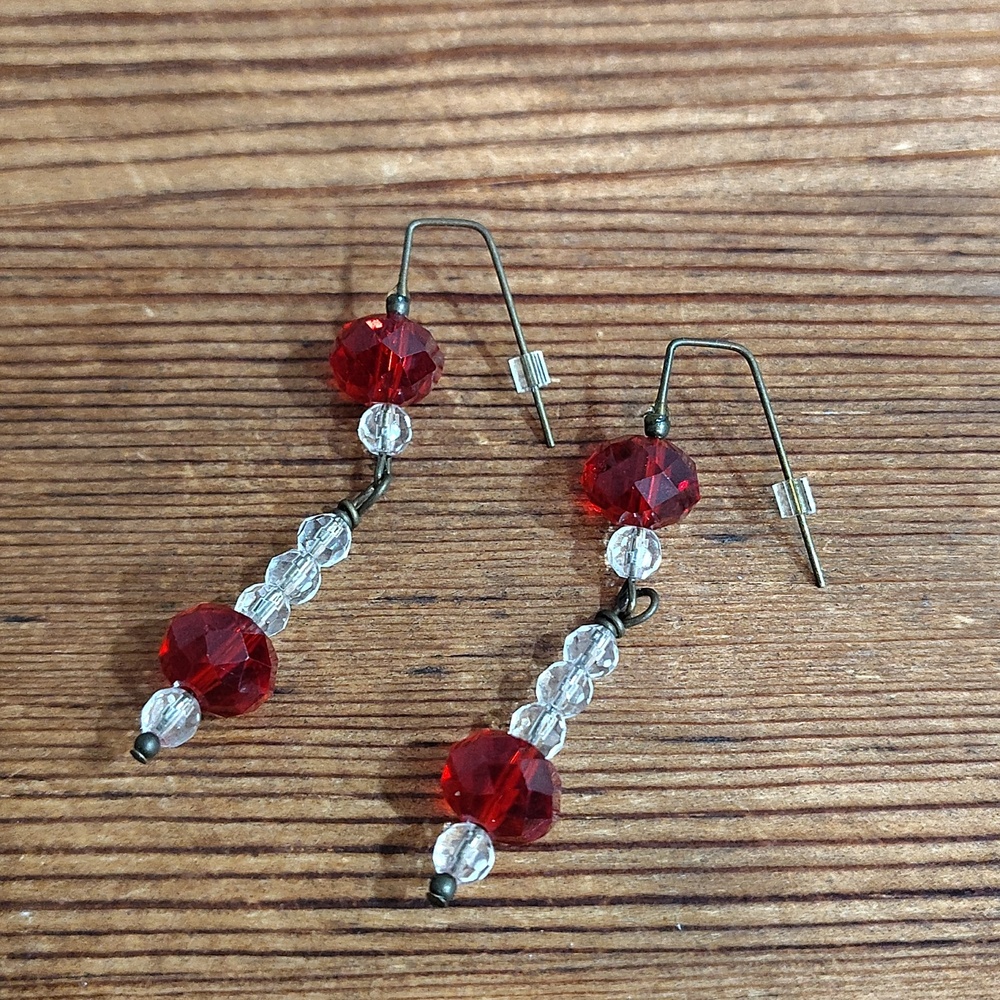 **5 For $20*** Ladies Red and Clear Long Clear Beaded Dangle Earrings, Handmade - Picture 6 of 6